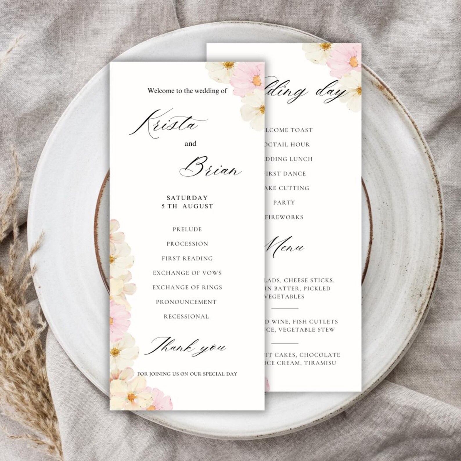 Editable Two-sided Menu and Program Template With Elegant Floral Design ...