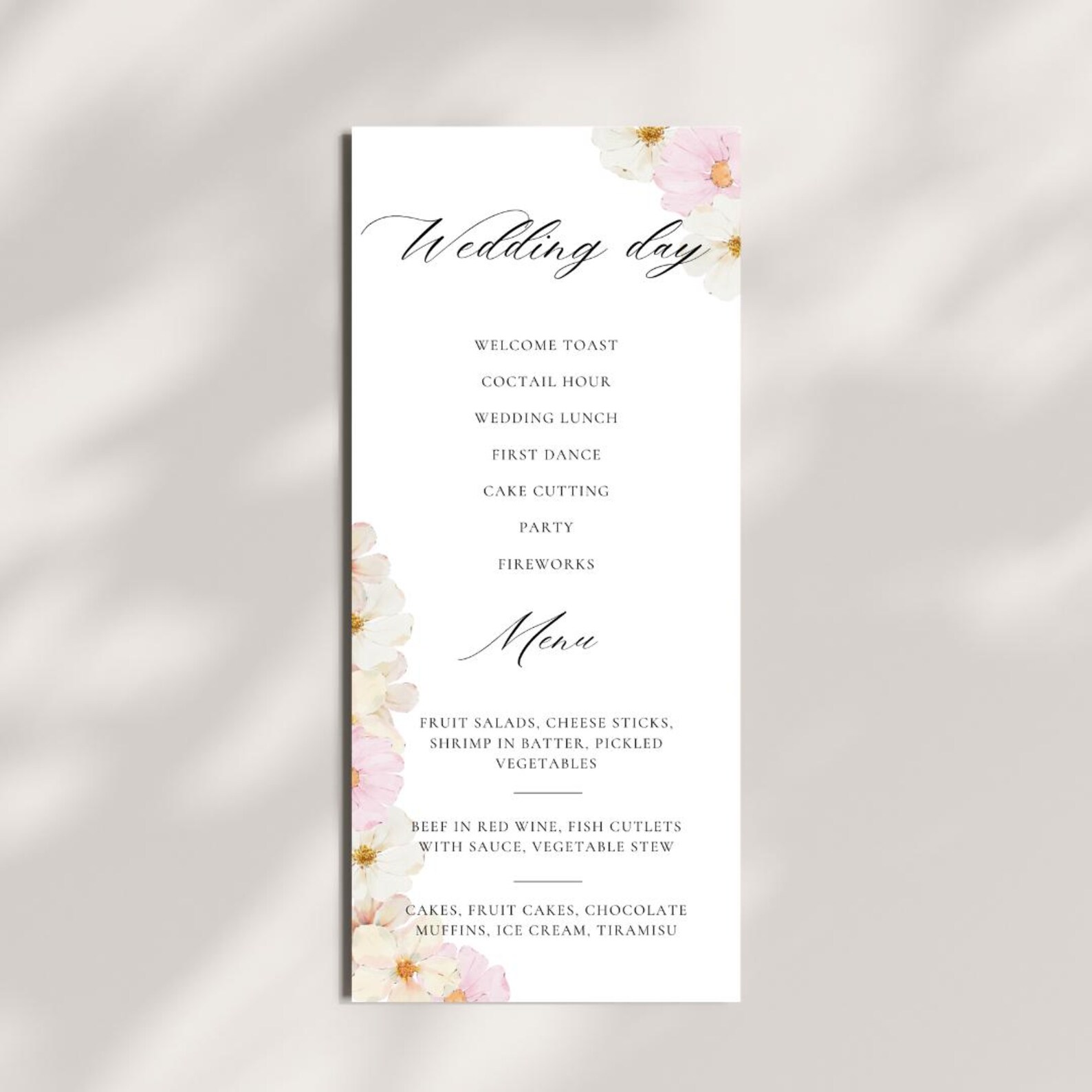 Editable Two-sided Menu and Program Template With Elegant Floral Design ...