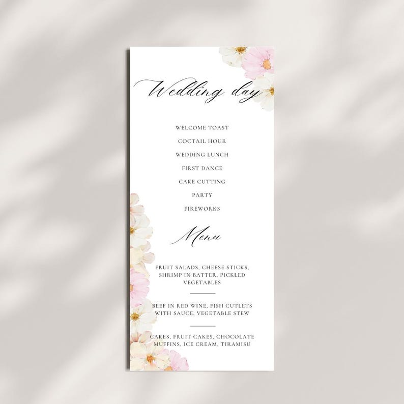 Editable Two-sided Menu and Program Template With Elegant Floral Design ...