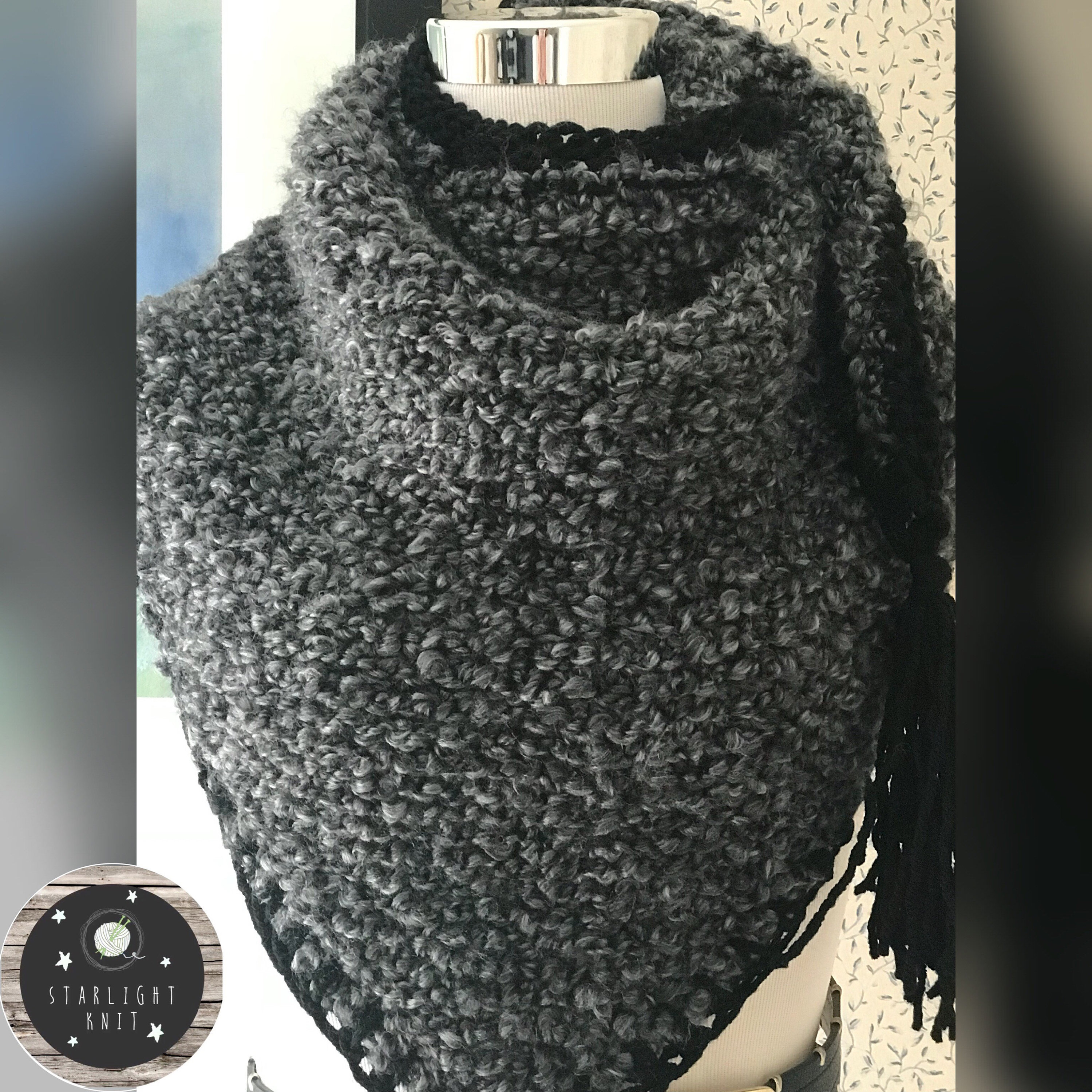 Outlander Inspired Claire's Shawl Wrap with black trim accent hand Knit
