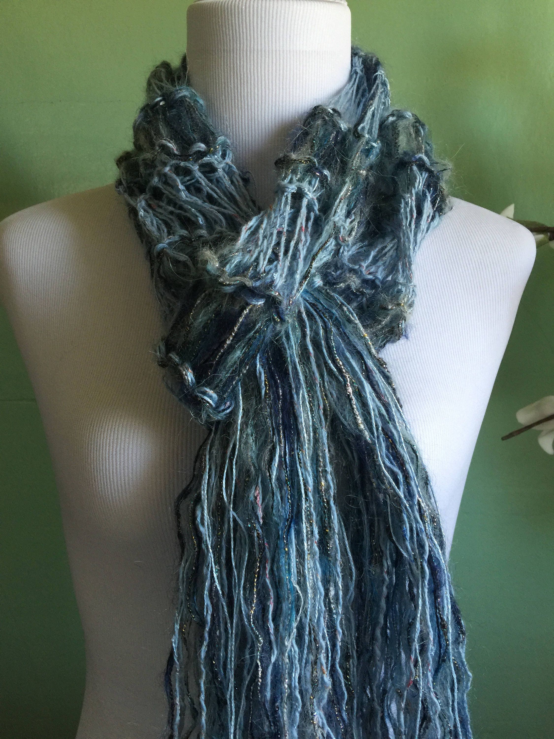 Hand Knit Ladies Fashion Accessory Scarf Blue with Shimmer