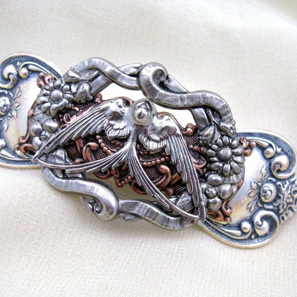 Victorian Bird Barrette in Silver and Copper Two Tone