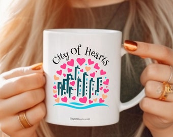 City Of Hearts, Black Ceramic 11oz Mug, For Warmhearted, Heart-Warming People, City Living, City Lovers, City Life, Apartment Living, Cities