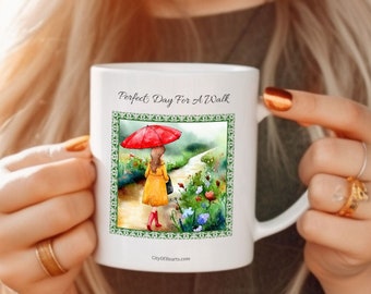 Perfect Day For A Walk, Umbrella girl, Ceramic Mug 11oz, Red Umbrella, Yellow Raincoat, Walking In The Rain, Rubber Boots, Cute Coffee Mug