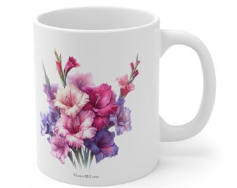 Gladiolus Mug, Flower Mill Mug, Flowers, August Birth Flower, Pink, Red, Purple, Blue Watercolor Paintings