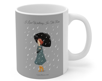 I Love Walking In The Rain, Umbrella Girl, Ceramic Mug 11oz, Black Umbrella, Walking In The Rain, yellow Rubber Boots, Cute Coffee Mug Gift