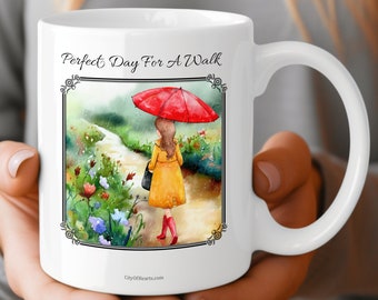 Perfect Day For A Walk, Umbrella girl, Ceramic Mug 11oz, Red Umbrella, Yellow Raincoat, Walking In The Rain, Rubber Boots, Cute Coffee Mug