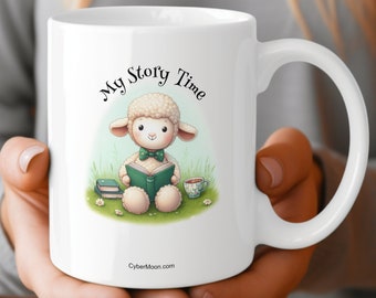 Little Lamb's Story Time, Ceramic 11 oz Mug, Stuffed Toy, Stuffed Animal, Lamb, Sheep, Reading Book, Cute Mug