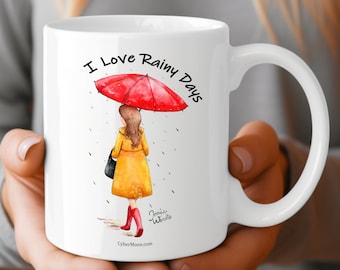 I Love Rainy Days, Umbrella Girl, Ceramic Mug 11oz, Red Umbrella, Yellow Raincoat, Walking In The Rain, Rubber Boots, Cute Coffee Mug Gift