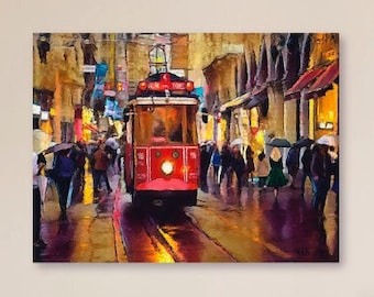 Streetcar on a rainy day painting. Download and print this painting to anything from a 4&quot;x6&quot; to a 28&quot; x 40&quot; in size.