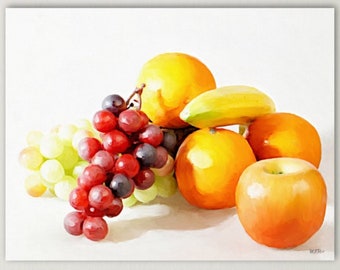 Fruit Still Life Painting, Oranges, Apples Grapes, Banana, Digital Print, Instant Download