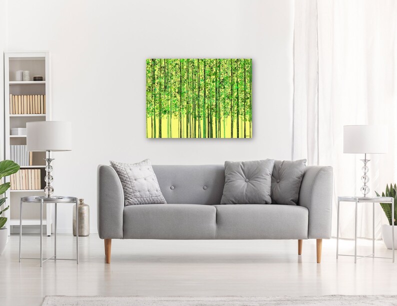 Abstract Painting Of A Bamboo Forest, Yellow Backgound, Digital Print, Instant Download, Colorful Art, image 1