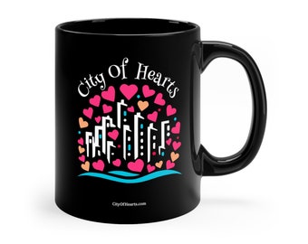 City Of Hearts, Black Ceramic 11oz Mug, For Warmhearted People, City Living, Welcoming Gift, Apartment Life, City Lovers, Friendship Gift