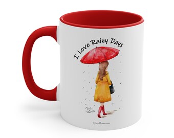 I Love Rainy Days, Umbrella girl, Ceramic Mug 11oz, Red Umbrella, Yellow Raincoat, Walking In The Rain, Rubber Boots, Cute Coffee Mug Gift