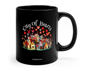 City Of Hearts, Black Ceramic 11oz Mug, For Warmhearted People, Apartment Living, House Warming Gift, City Life, City Lover, Friendship Gift