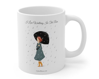 I Love Walking In The Rain, Umbrella Girl, Ceramic Mug 11oz, Black Umbrella, Walking In The Rain, yellow Rubber Boots, Cute Coffee Mug Gift