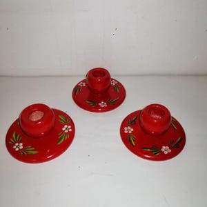 Vintage Red wood candleholders hand painted Swedish Set of 3 traditional wooden candlestick Scandinavian Red Candle Holders dated 1974