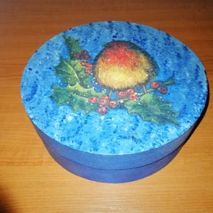 Vintage blauwe houten kaasdoos handgeschilderde ronde houten kaasdoos decoratieve opslagcontainer volkskunst decor