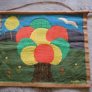 Vintage textile wall art Appliqué Patchwork Handmade Applique embroidered wall hanging decor on burlap sunny tree and flowers signed 1974