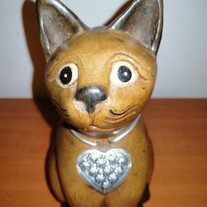 Vintage Wood Cat Statue Cat figurine with medal Hand Carved Wooden Kitten Statuette carved wood cat sculpture