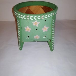 Swedish handmade decorative wicker basket birch bark Wooden basket Scandinavian vintage decorative storage green pink floral hand painted