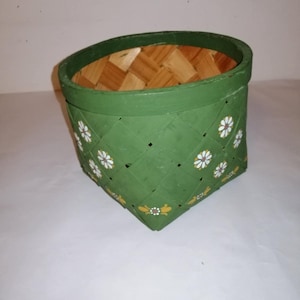 Swedish handmade decorative wicker basket birch bark Wooden basket Scandinavian vintage decorative storage green floral hand painted