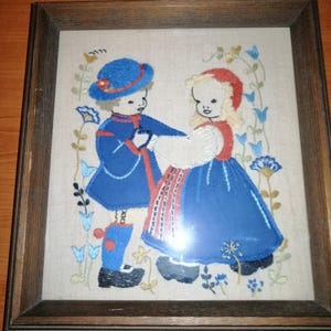 Embroidered Picture Vintage Framed Hand Embroidery Swedish folkdress children dancing boy and girl Applique Worked Embroidered Patchwork