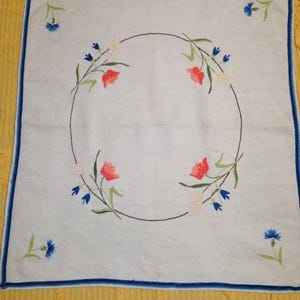 Vintage table top hand embroidered table topper floral hand embroidery table cloth hand blue edge borders embroidered tablecloth