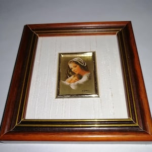 ヴィンテージ イタリア製 額入り ミニチュア 金箔 箔押し クロモリトグラフ リトグラフ Oro foglia Creazoni D’Arte Italy、マドンナ 母と子