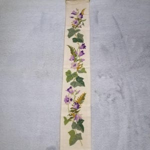 Vintage Swedish embroidered bell pull wall hanging mauve floral embroidery hand embriodered Scandinavian wall decor tapestry metal hanger
