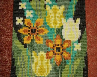 Vintage swedish handmade wall hanging tapestry yellow flowers embroidery hand stitched wall decor. Hangs with brass hanger