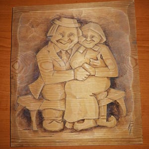 Vintage Swedish folk art 1960 wood carved wall hanging relief wood hand carving sculpture happy old man woman couple wooden sculpture