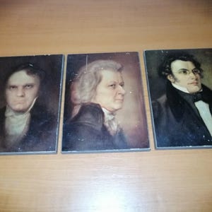 Vintage set of 3 famous classical music musicians composers portraits print on wood panel. Mozart, Beethoven by Torggler and Schubert