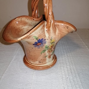 French Vintage Vallauris Pottery Marius Giuge design brown cream floral ceramic braided wicker handle basket vase France
