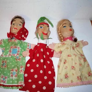 Vintage Antique Hand Puppets Marionette set of 3 Wooden hand carved hand painted Head cotton clothing Collectors Marionette Dolls