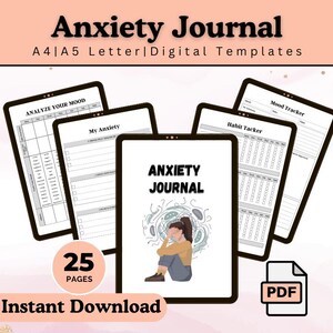 Anxiety Journal Canva Template, Dream Journal, Anxiety Checklist, Habit Tracker, Yearly Reflection, Medication Tracker, Mental health