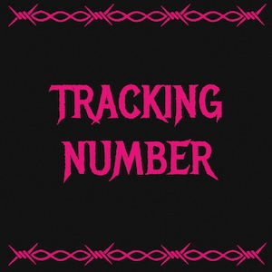 Könnte beinhalten: Ein schwarzer Hintergrund mit einem rosa Stacheldraht-Rand. Der Text "TRACKING NUMBER" ist in rosa, stilisierter Schrift geschrieben.