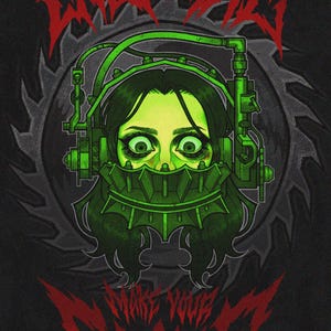 May include: A graphic illustration featuring a person wearing a green mechanical head trap device. The text "LIVE OR DIE" appears in red at the top, and "MAKE YOUR CHOICE" is in red at the bottom, set against a dark background with a saw blade.