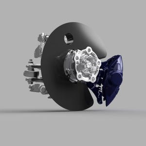 Op de afbeelding: Een 3D-geïllustreerde afbeelding van een mechanisch onderdeel, waarschijnlijk van een voertuigremsysteem. Het toont een grote, zwarte schijf met een centraal gat, een zilverkleurige naaf en een donkerblauwe remklauw.