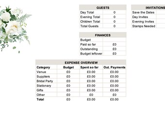May include: A wedding planning spreadsheet with categories for guests, invitations, finances, and expense overview. The spreadsheet includes columns for budget, spent so far, and outstanding payments.