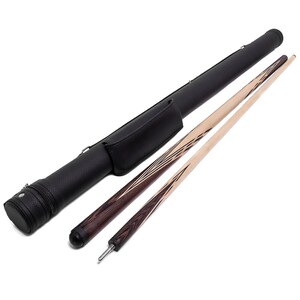 May include: A black leather pool cue case with two wooden pool cues inside. The cues have a dark wood finish with a decorative pattern.