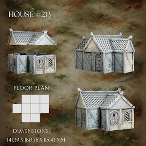 May include: A white model house with a gabled roof and a door. The house is labeled "HOUSE #213". The model is 141.39 x 180.76 x 115.43 mm.
