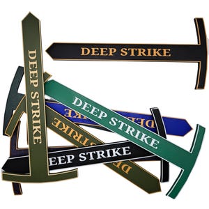 May include: A set of five green, black, and blue wooden signs with the text "DEEP STRIKE" in gold lettering. The signs are shaped like a T and have a pointed end.