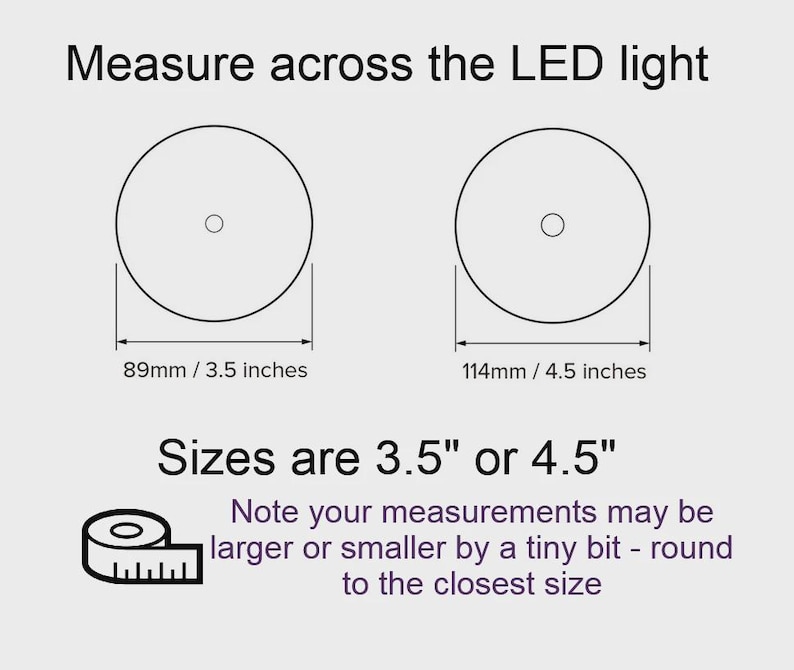 Może przedstawiać: Schemat przedstawiający wymiary oświetlenia LED. Obraz zawiera dwa okręgi o wymiarach 89 mm (3,5 cala) i 114 mm (4,5 cala). Tekst wskazuje, że rozmiary to 3,5" lub 4,5".