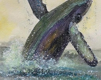 May include: A watercolor painting of a humpback whale breaching out of the water. The whale is painted in shades of blue, green, and purple, with a white background. The water is depicted with splashes of white and blue.
