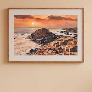 Giants Causeway, County Antrim, Northern Ireland, watercolor, wall art, paintings of Ireland, paintings of giants causeway, sunsets, Irish