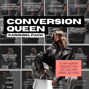 Może przedstawiać: Obraz promocyjny z kobietą w czarnej skórzanej kurtce i okularach przeciwsłonecznych. Obraz zawiera tekst "CONVERSION QUEEN CAROUSEL PACK" i "10 WARTOŚCIOWYCH SZABLONÓW, KTÓRE MIĘKKO SPRZEDAJĄ TWOJE OFERTY JAK PROFESJONALISTA".