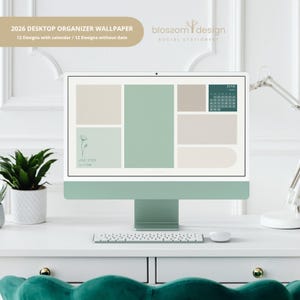 May include: A desktop computer displays a 2026 desktop organizer wallpaper with a minimalist design in shades of green and beige. The screen shows a calendar for June and the text "ONE STEP" and "blossom design SOCIAL STATIONERY". A keyboard and mouse are in front of the monitor.
