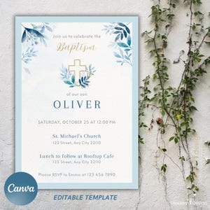 Modèle d'invitation de baptême moderne Invitation de baptême pour garçon Téléphone Bleu Aquarelle Garçons Or Baptême Evite Invitation numérique Baptême Canva