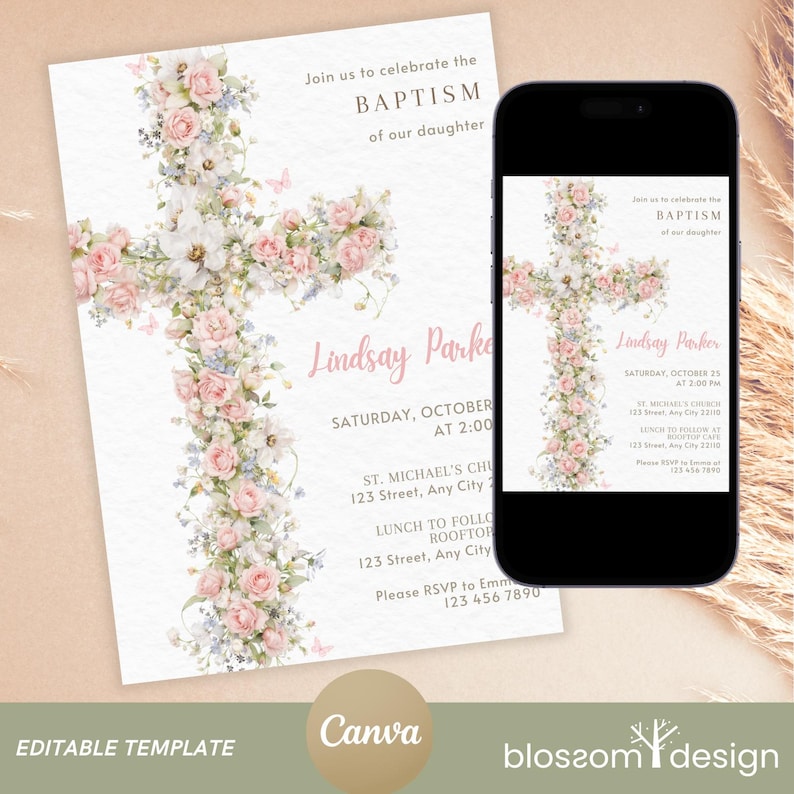 Floral Baptism Phone Invitation Elegant Dusty Pink Template Girl Beige Flower Invite Template Christening Invitation Pink Baptism Digital image 2